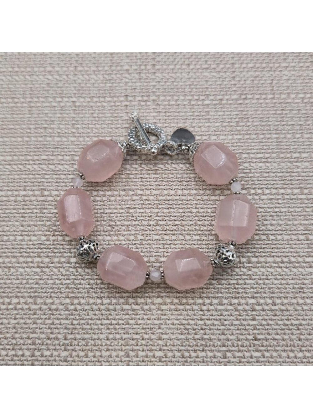 7.5 Inch Vintage Sterling Silver Faceted Rose Quartz Stone Beaded Bracelet B1590